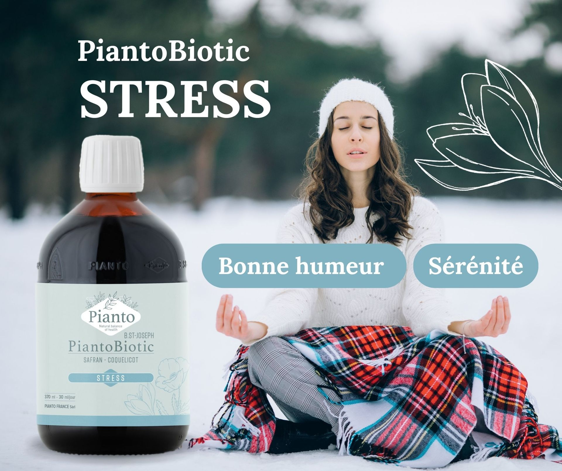 Femme qui fait du yoga dans la neige et flacon de PiantoBiotic STRESS