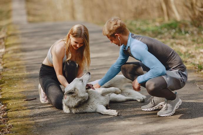 Un homme et et une femme habillés en vêtements de sport avec un chien 